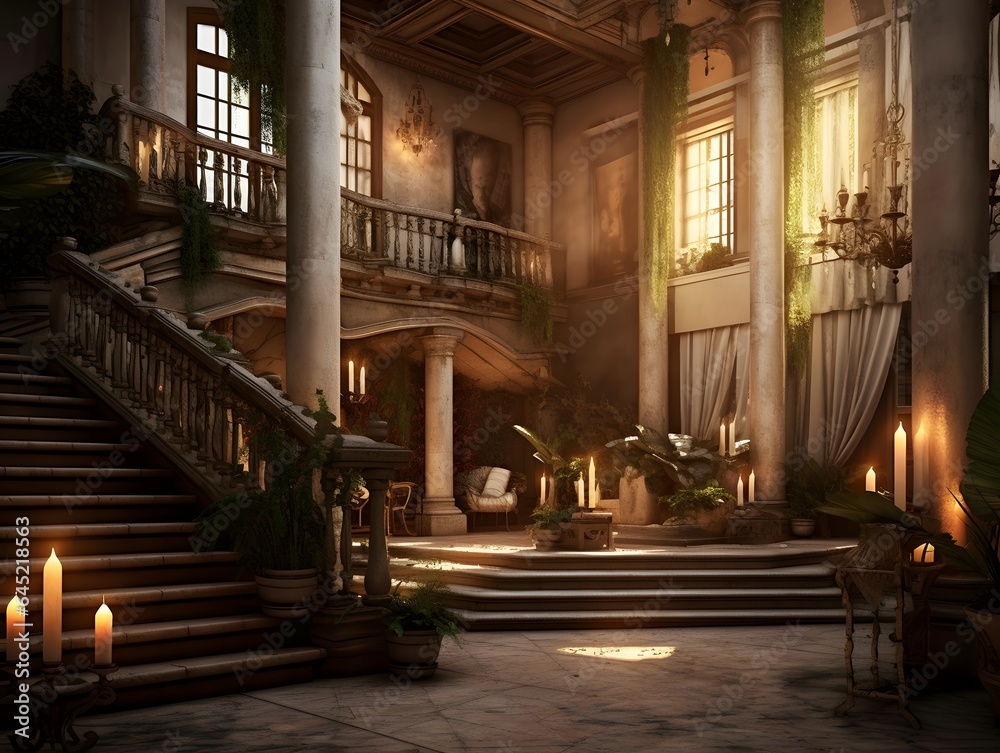 Luxury interior of an old mansion in the evening light.