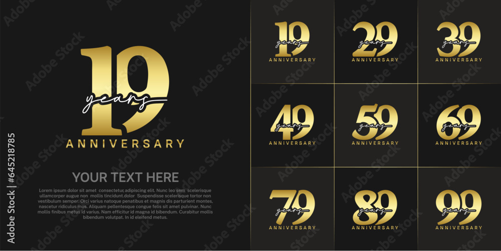set of anniversary logo with golden number and white handwriting text can be use for celebration set of anniversary logo with golden number and white handwriting text can be use for celebration