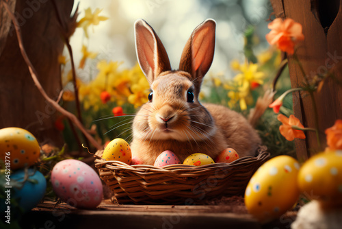 Easter bunny and basket with Easter eggs. Nice photo, background for Easter