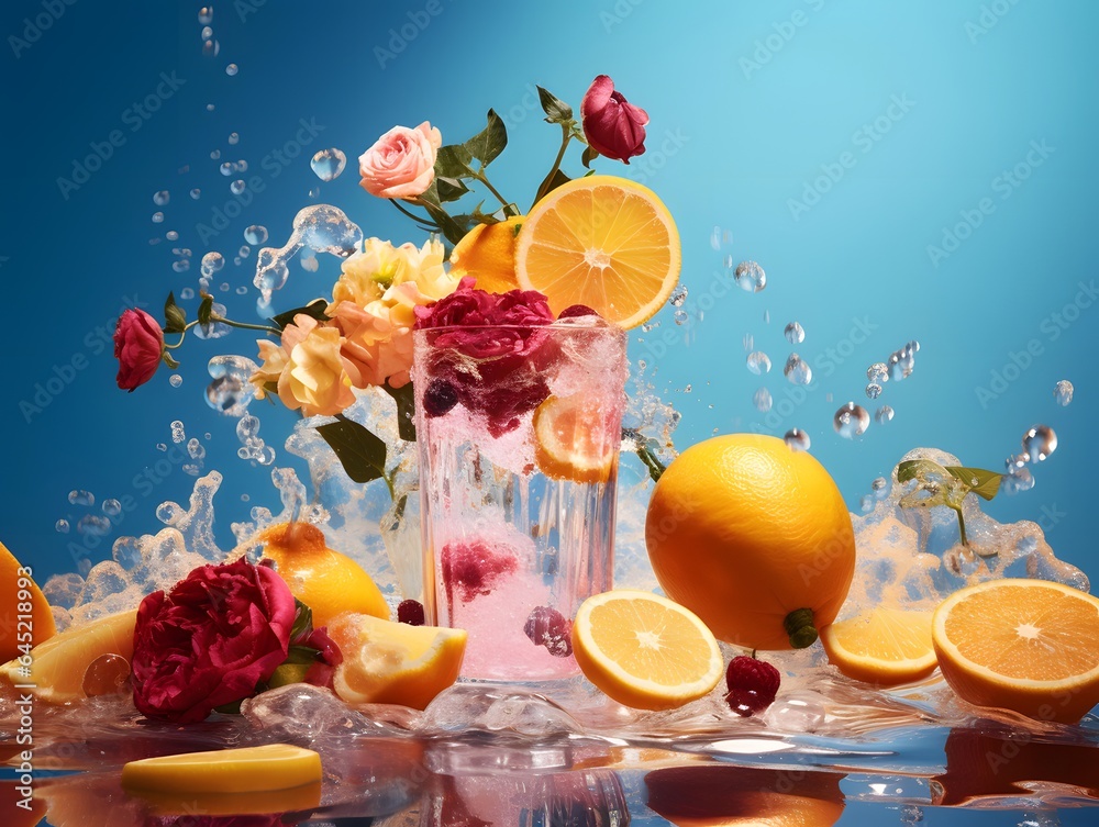 Fruit splashing in a glass of lemonade on blue background