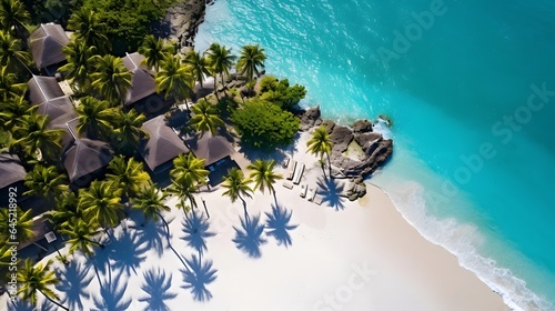 Panoramic aerial view of beautiful tropical beach with palm trees and blue sea