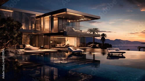 Luxury house with swimming pool at sunset. Panoramic view © Iman