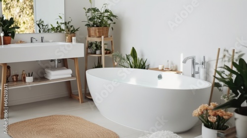 Modern bathroom interior  Restroom with ceramic toilet bowl with bathtubs and vanities.