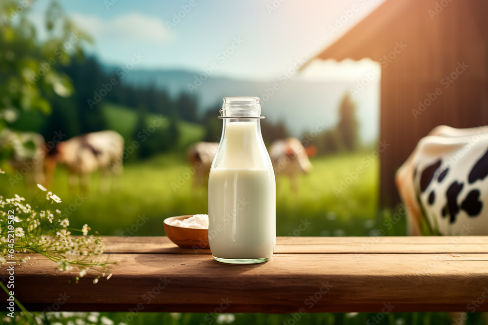 A glass of milk on a wooden table and a cow on the background A glass of milk on a wooden table and a cow on the background