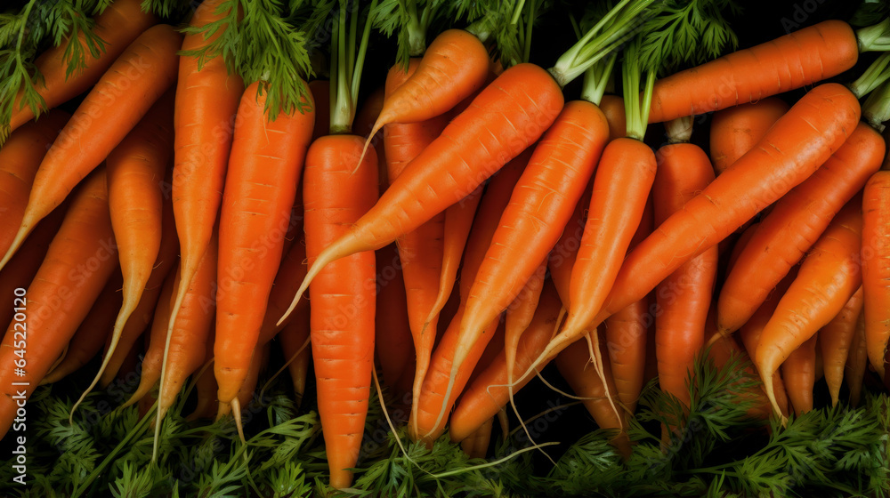 Lots of carrots. Top view of carrots. Vegetables. Agriculture.