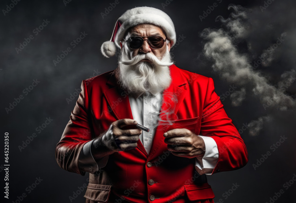 Santa Claus gangster in sunglasses and cigarette - obrazy, fototapety, plakaty 