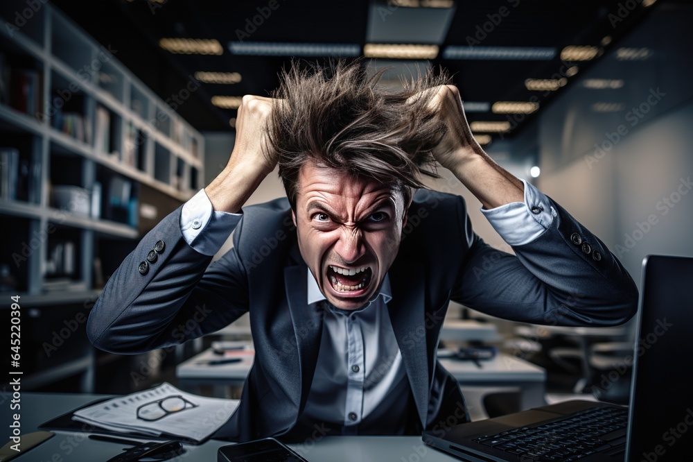 businessman pulling his hair with angry, middle of the night at office - obrazy, fototapety, plakaty 