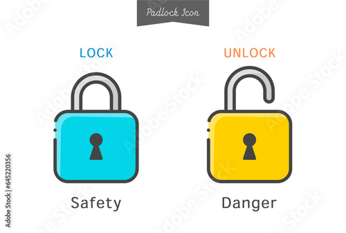 Set of padlock icon with locked/unlocked and　safe/dangerous text - material for key symbol description
