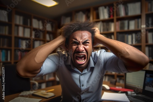 businessman pulling his hair with angry, middle of the night at office