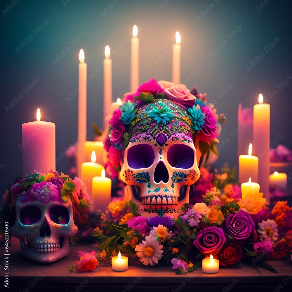 Day of the Dead soft pastel painted skull head candle flower altar background generative ai Cinematic day lighting art Day of the Dead soft pastel painted skull head candle flower altar background generative ai Cinematic day lighting art
