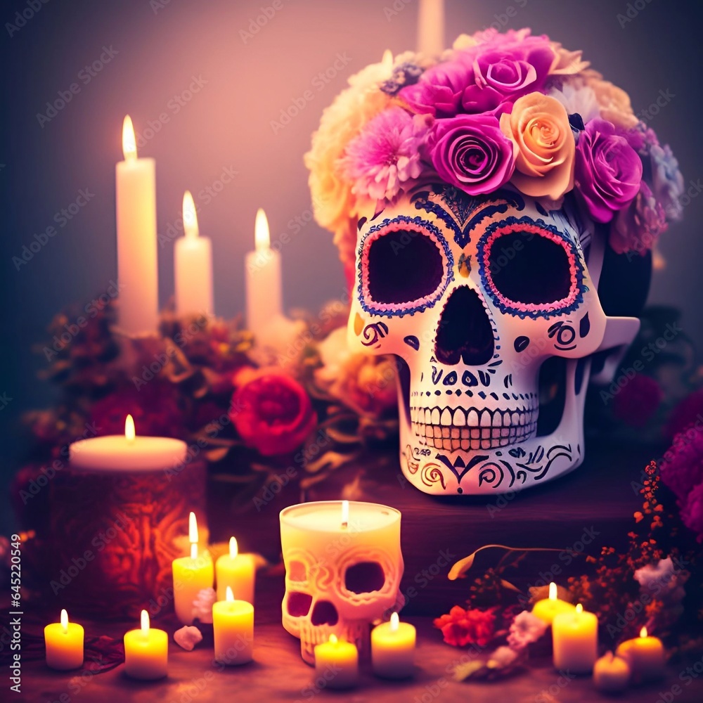 Day of the Dead soft pastel painted skull head candle flower altar background generative ai Cinematic day lighting art Day of the Dead soft pastel painted skull head candle flower altar background generative ai Cinematic day lighting art