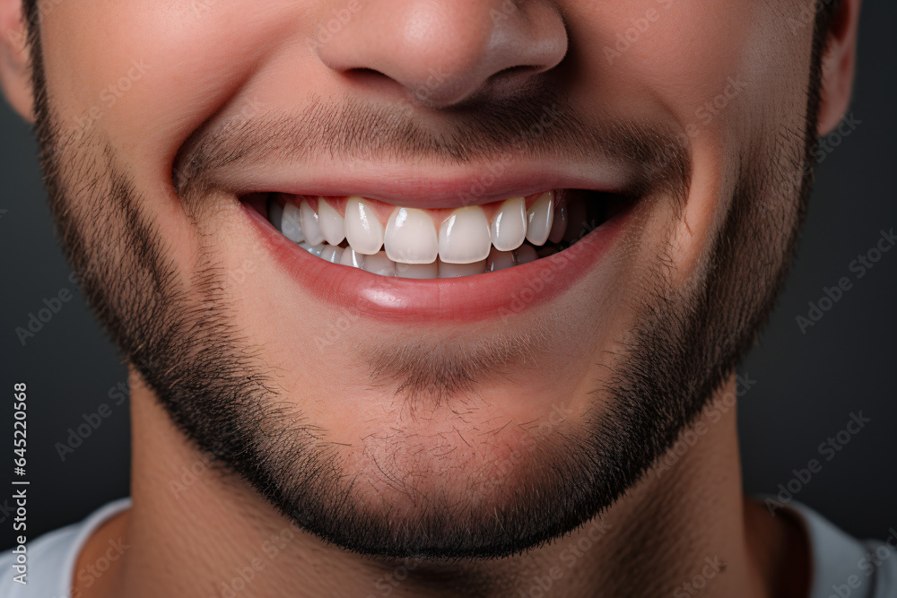 Fototapeta premium Clean white healthy dental teeth ma male smile. Dentist teet healthy smile closeup. Beard and facial hair