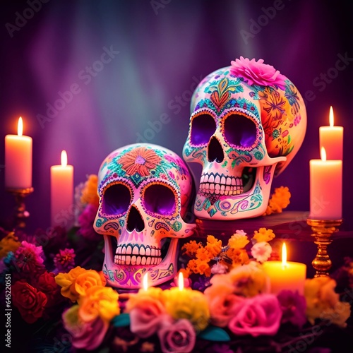 Day of the Dead soft pastel painted skull head candle flower altar background generative ai Cinematic day lighting art