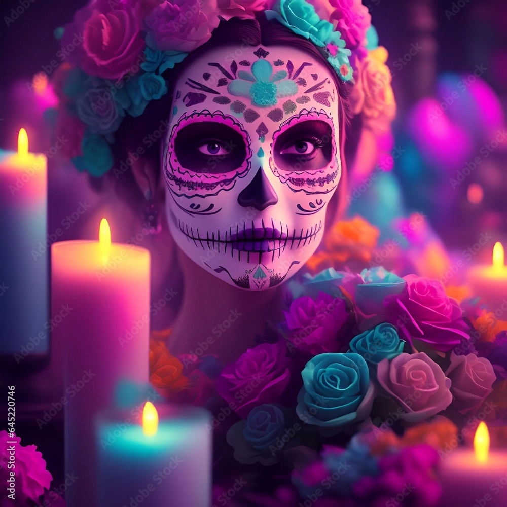 Day of the Dead soft pastel painted skull head candle flower altar background generative ai  Cinematic day lighting art