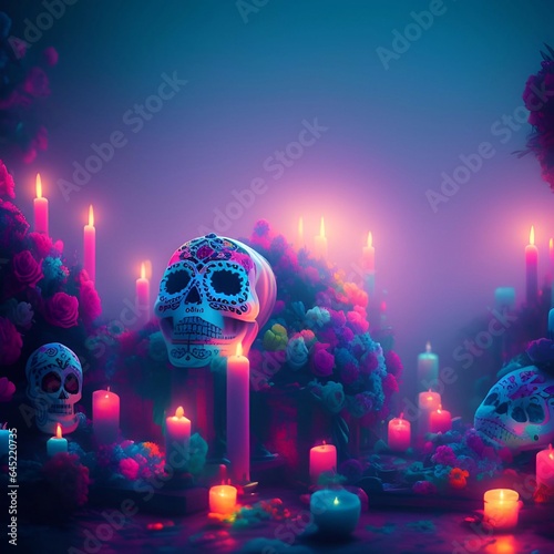 Day of the Dead soft pastel painted skull head candle flower altar background generative ai  Cinematic day lighting art