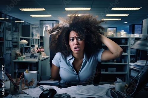 businesswomen pulling his hair with angry  middle of the night at office