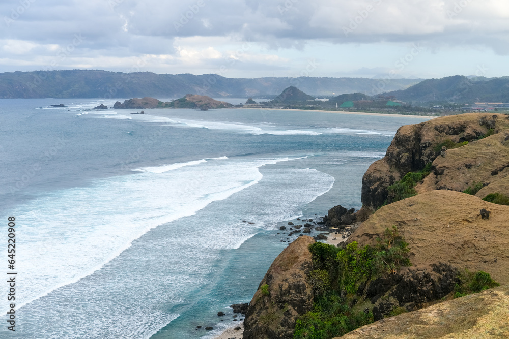 incredible views across the coastline at the top of Bukit Merese Hill, Merese Hill is a location to see the sunrise and sunset in Lombok, coast of the sea, beach and sea, view of the, kuta mandalika