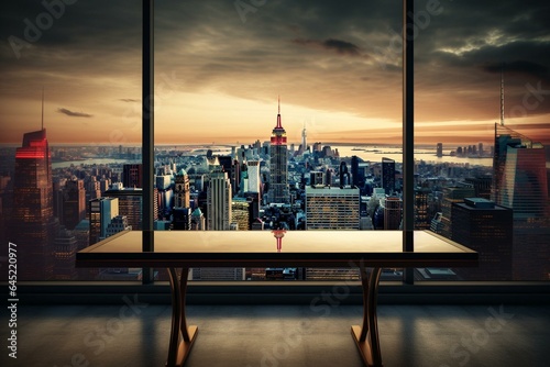 Empty table with view through window. Warm light, skyscraper skyline. Sophisticated. Generative AI