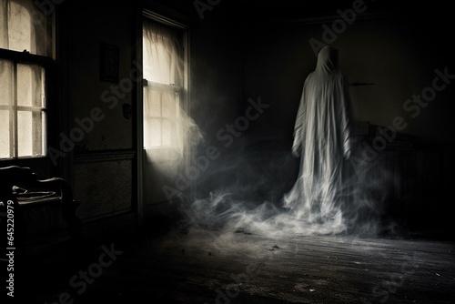 In an eerie deserted house, a spectral apparition of a former resident materializes amid the eerie mist. Generative AI