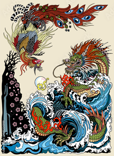 Dragon and Feng Huang or Chinese phoenix are depicted playing with or chasing a pearl. Landscape with waterfall waves and sakura blossom. Feng shui theme. Vertical orientation. Vector illustration