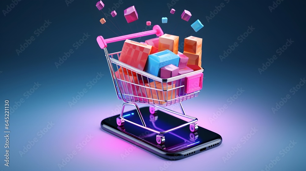 Shopping cart with colorful cubes on a smartphone. 3d illustration
