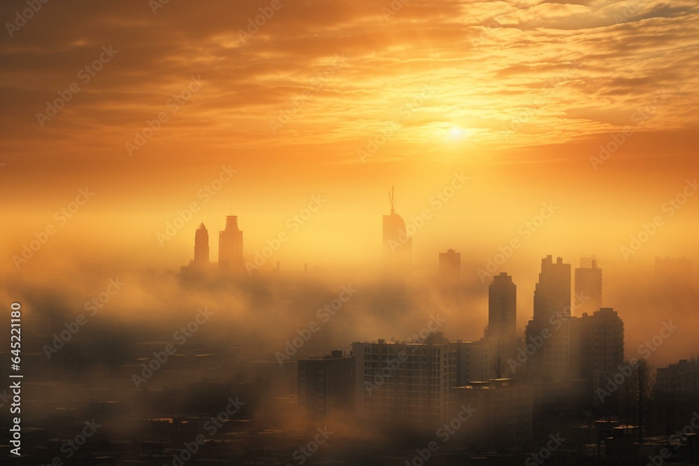 A misty urban skyline with sunlight breaking through fog, foreground buildings, distant sun, and hazy sky. Generative AI