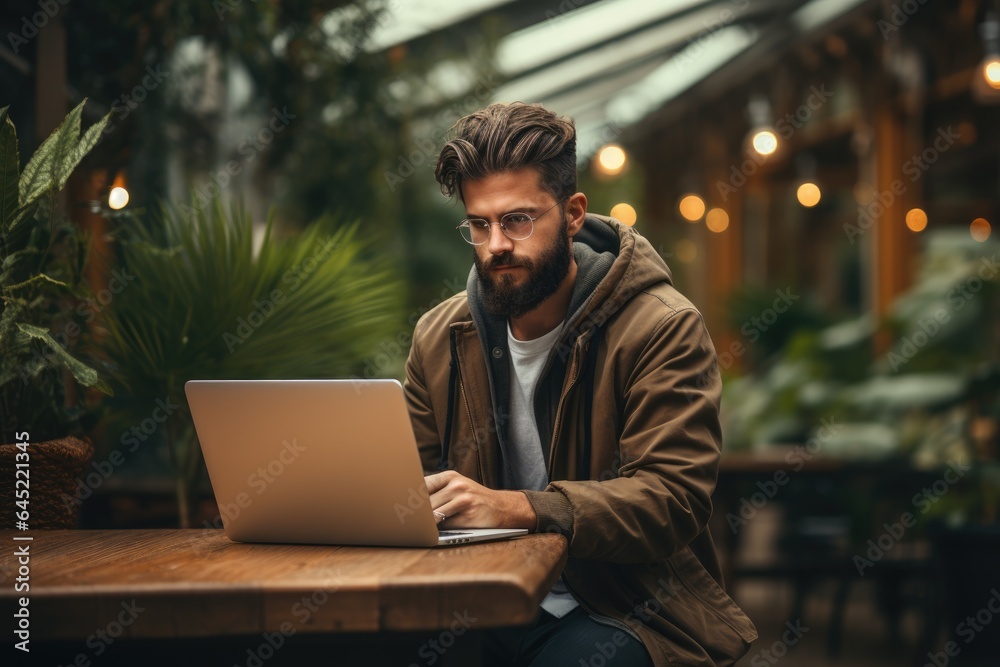 Man working on laptop in the cafe with stylish interior , AI Generated Man working on laptop in the cafe with stylish interior , AI Generated