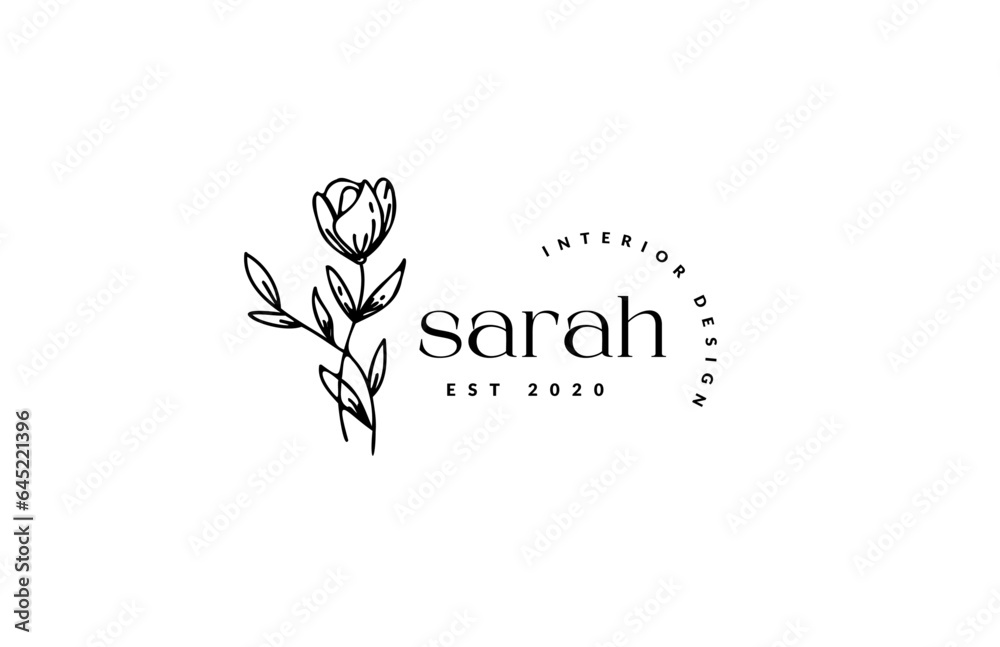 Floral logo element Botanical Hand Drawn Logo with Wild Flower and Leaves. Logo for spa and beauty salon, boutique, organic shop, wedding, floral designer, interior, photography, cosmetic