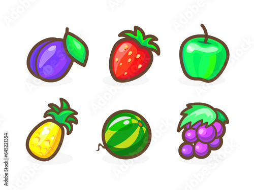 Game or slot-machine icons of fruits for your app. Bright remarkable UI elements. Good for animation. Watermelon, grape, strawberry and others. Vector illustration for your business.