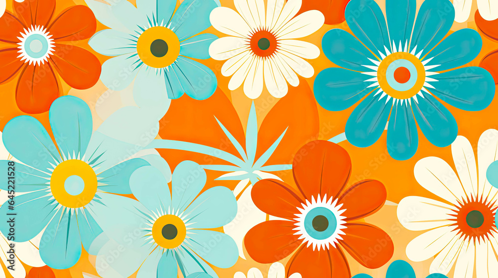 Seamless 70s Retro floral Style poster art with flowers, and retro colors such as orange, pale blue, yellow and greens. Background wall art. Repetitive texture.