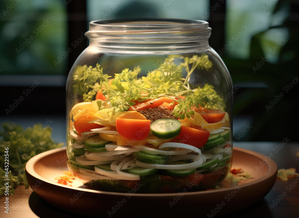Salad in glass bottle, Healthy food. Salad in glass bottle, Healthy food.