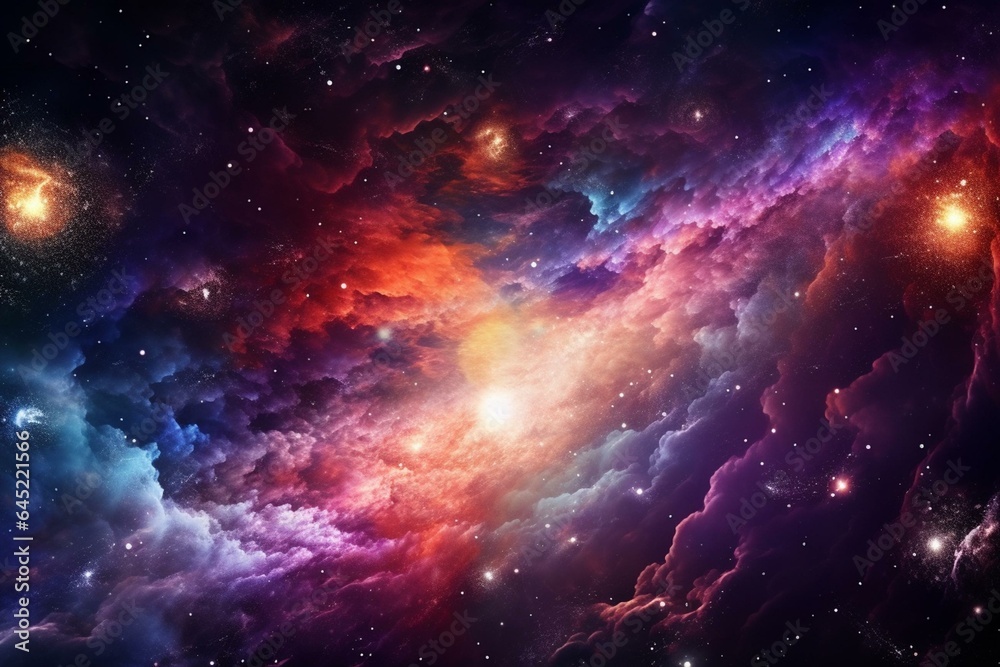 Background of explosion in outer space with colorful nebulas and shining stars. Generative AI