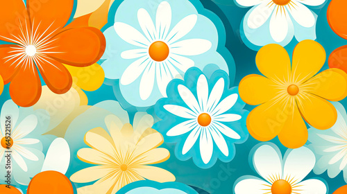 Seamless 70s Retro floral Style poster art with flowers, and retro colors such as orange, pale blue, yellow and greens. Background wall art. Repetitive texture.