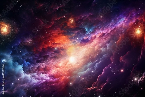 Background of explosion in outer space with colorful nebulas and shining stars. Generative AI © Everly