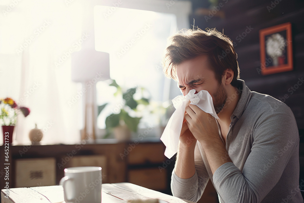 Seasonal flu concept: Young man battling illness at home - obrazy, fototapety, plakaty 