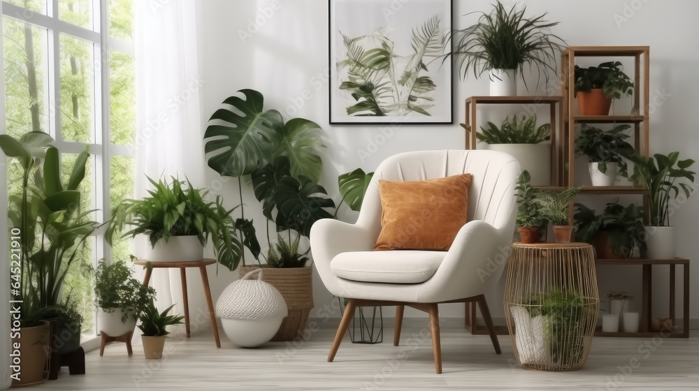 Fototapeta premium Stylish room with comfortable armchair and beautiful plants in modern house, Interior design.