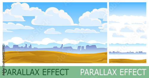 Desert landscape with clouds. set of slides create parallax image layer. Cartoon style. Isolated on white background. Vector.