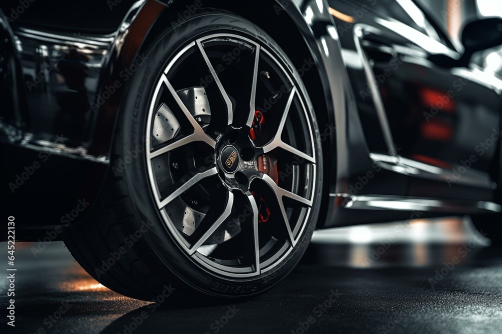 Naklejka premium Close-up of a black sports car's front wheel with a stylish alloy rim. Generative AI