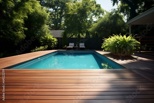 Backyard pool with sunny deck. Generative AI © Sia