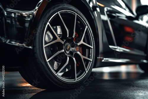 Close-up of a black sports car's front wheel with a stylish alloy rim. Generative AI © Jovana