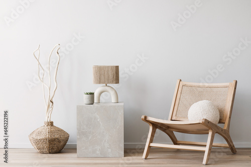 View of modern scandinavian style interior with chair and trendy vase, Home staging and minimalism concept