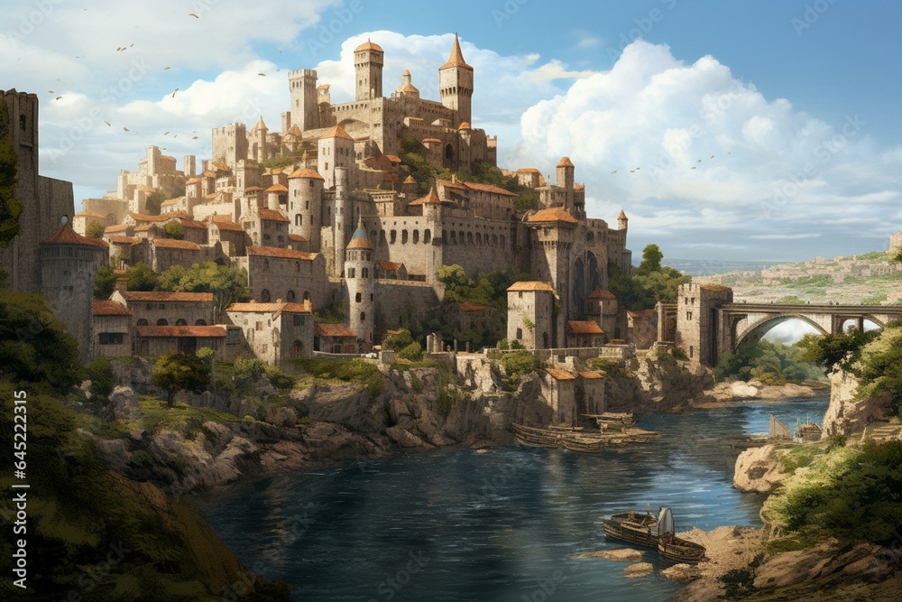 Medieval fortress and town with a castle, city, and scenic views. Generative AI