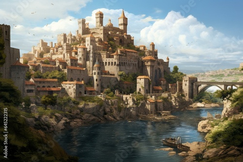 Medieval fortress and town with a castle, city, and scenic views. Generative AI