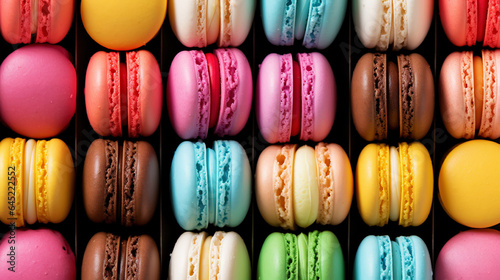 Colorful french macarons background, close up. Generative AI