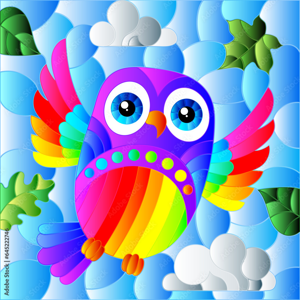 Obraz premium An illustration in the style of a stained glass window with bright cartoon owl on a background of blue sky and leaves