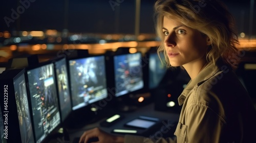 Woman working as air traffic controller at airport control tower.