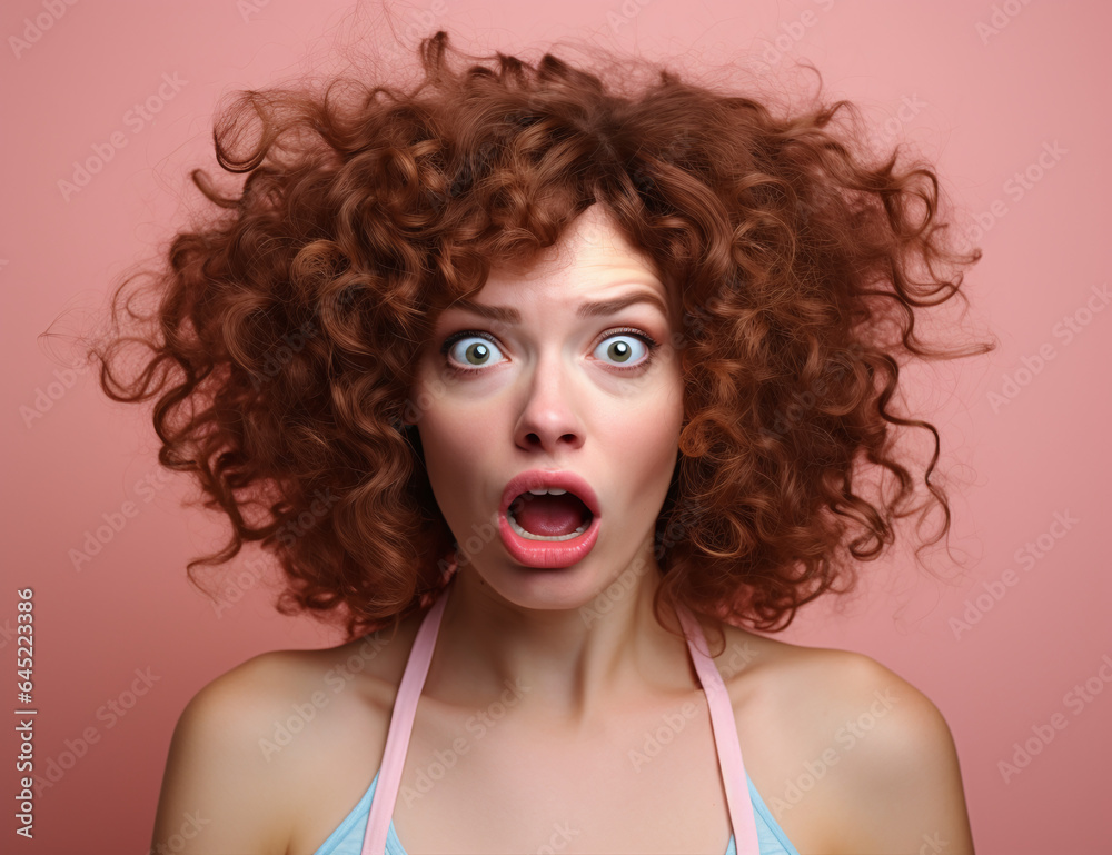 Surprised angry woman in shock expression looking at the camera with big open eyes, pink background, curly red hair