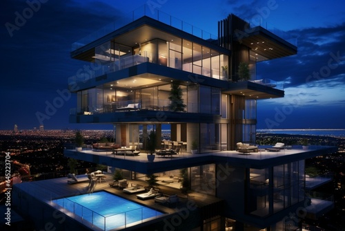 Upscale nocturnal condominium with penthouse. Generative AI
