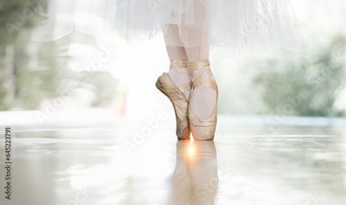 Closeup Ballerina Legs On Pointe Shoes. Classic And Modern Ballet Concept.