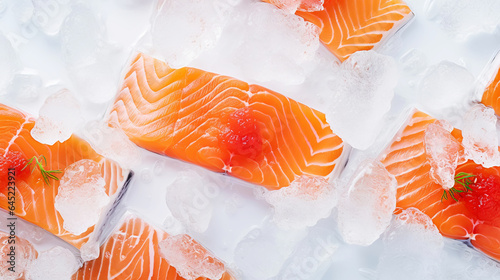Fresh salmon fillet on ice. Red tasty fish meat. Seafood background. Generative AI